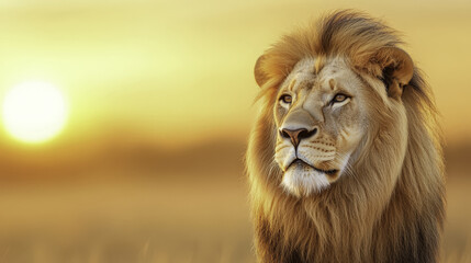 Fototapeta premium Majestic lion in profile, showcasing texture of its mane against golden sunset. serene expression captures essence of wildlife beauty and strength
