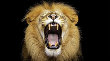 lion roaring with its mouth wide open, showcasing its powerful teeth and majestic mane. fierce expression captures essence of strength and dominance in wild