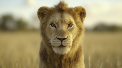 Obraz premium Majestic lion staring directly into camera, showcasing its powerful presence in serene landscape. soft background enhances lion striking features and captivating gaze