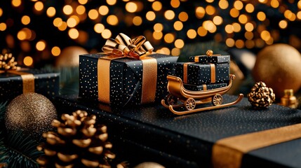 Festive golden sleigh ornament with miniature gifts holiday decor indoor setting cozy environment close-up view for christmas cheer
