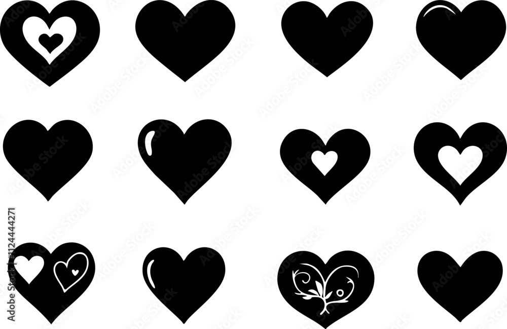 Poster a collection of twelve unique heart designs in black, showcasing various styles and patterns suitabl