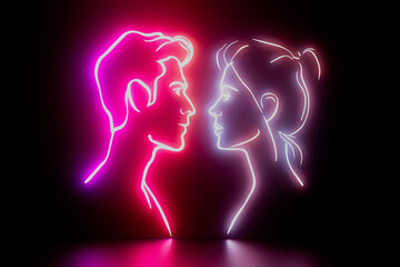 Poster encadré A couple of people are shown in a neon light, with one person's face being pink