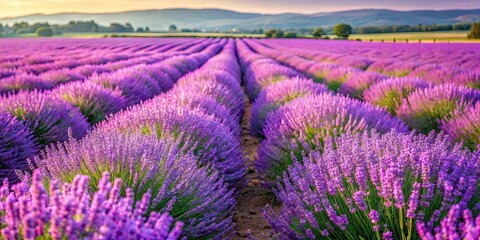 Obraz premium Beautiful blooming lavender field with vibrant purple flowers, showcasing regional organic cultivation, lavender, field