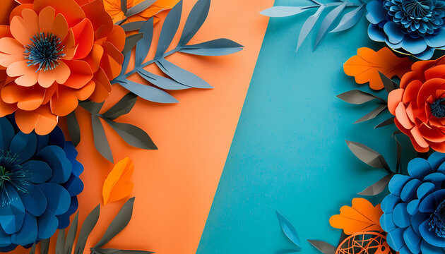 Blue and Orange Floral Design: A vibrant, abstract composition of blue and orange paper flowers, arranged in a captivating layout against a contrasting backdrop.