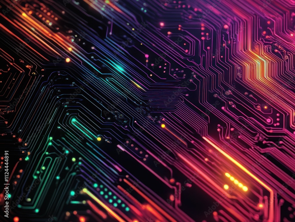 Aufkleber vibrant abstract circuit board design with neon colors and high contrast on black background