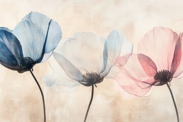 Delicate Pastel Flowers: Soft Blue and Pink Blooming Anemones with Vintage Background for Elegant Home Decor and Floral Artwork