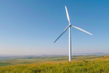 Wind turbines standing tall on lush green hills under a bright blue sky, symbolizing clean, renewable energy and sustainability.