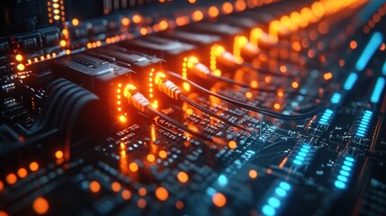 Server Room with Network Cables Illuminated in Neon Lights Technology and Connectivity