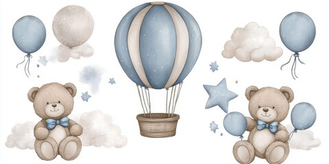 Teddy Bear Hot Air Balloon Sky Illustration Cute Baby Shower Birthday Party Decorations