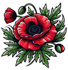 Stylised Red Poppy Vector Isolated Artwork Design Cut Out | Memorial Papaver Flower Drawing