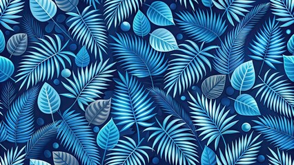 Blue tropical leaves and circles seamless pattern, jungle, exotic, foliage, vibrant, repetitive, botanical, abstract