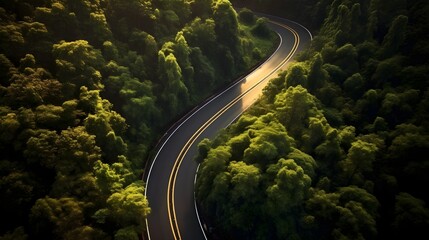 Aerial view of road between green forests