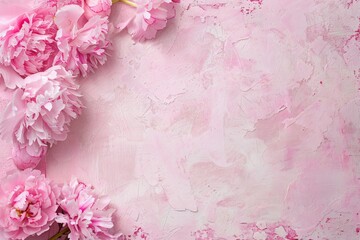 A beautiful row of pink peonies displayed against a textured white surface, creating a soft and elegant floral composition.