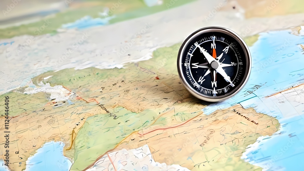Poster compass on a map: a compass with a black and silver finish rests on a detailed map, symbolizing the 