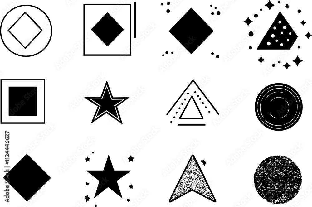 Poster a collection of various geometric shapes and symbols in black and white, suitable for design and abs