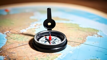 Compass on World Map: A classic black compass rests on a detailed world map, its needle pointing towards a new adventure, symbolizing exploration, direction, and the journey ahead.