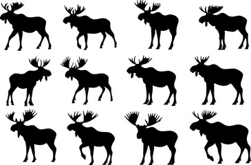 Fototapeta premium A collection of moose silhouettes in various poses, ideal for wildlife-themed designs and nature illustrations.