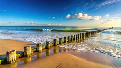 Obraz premium Tranquil beach landscape with wooden groynes and calm waves on a sunny day, beach, landscape, wooden groynes, calm waves