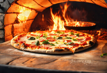 Incredible Wood fired stone oven baking a pizza with rich toppings illustrating traditional