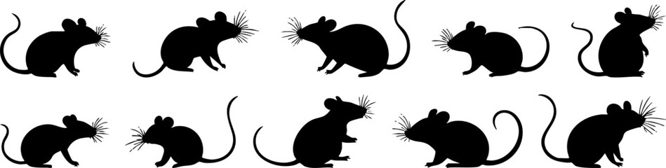 Obraz premium A collection of playful black silhouettes of mice, perfect for designs, illustrations, and creative projects.