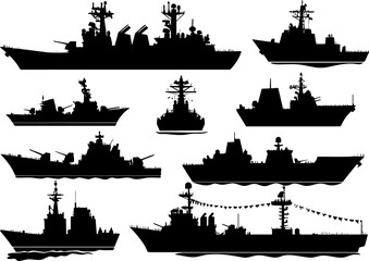 A collection of black silhouettes depicting various types of naval ships, including warships and cargo vessels.