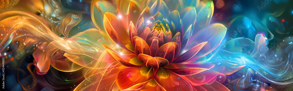 Poster celestial bloom: a vibrant, otherworldly flower in a kaleidoscope of iridescent colors. the petals s
