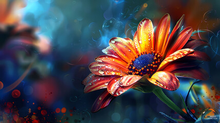 Abstract Floral Burst: A vibrant red flower with a contrasting blue center blooms in a whimsical abstract background, a striking composition with hues of red, yellow, blue, and green.