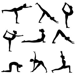 Set of black silhouettes of woman in different yoga poses, isolated on white background. Women practice meditation and stretching. Yoga complex. Healthy lifestyle concept. Vector illustration