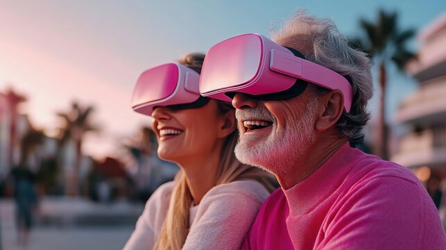 Joyful Seniors Enjoying Virtual Reality Together Under a Vibrant Sunset Amidst Palm Trees, Capturing the Essence of New Technologies and Connection