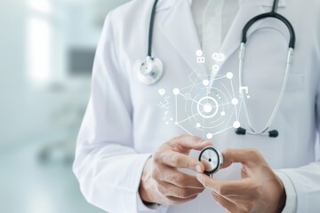 A doctor holding a stethoscope with futuristic medical icons overlaid, symbolizing healthcare technology, innovation, and modern medical practices.