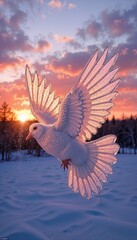 Obraz premium Majestic dove in flight with glistening feathers against a vibrant sunset in a snowy landscape