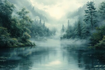 Fototapeta premium Serene River in Tranquil Forest Landscape with Lush Greenery and Misty Atmosphere