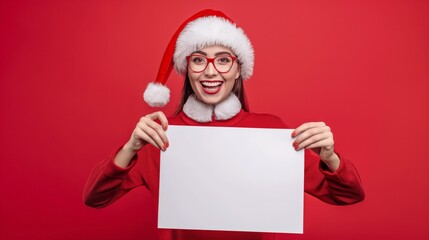 A woman in a Santa hat and festive red attire holding a blank sign, smiling joyfully in a Christmas-themed setting.