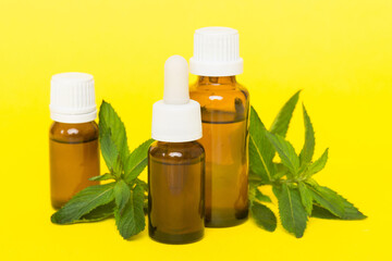 Natural Mint Essential Oil in a Glass Bottle. organic cosmetics with herbal extracts of mint on...