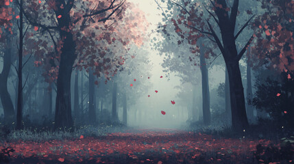 A foggy autumn forest with muted colors, where the trees are covered in mist and the ground is blanketed with fallen leaves.