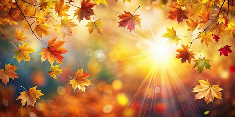 Fototapeta premium Fall abstract background with vibrant leaves and sun flares shining through, creating a warm autumn atmosphere , Autumn