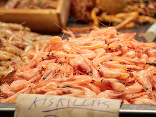 Seafood and fish market. Christmas food. High prices.