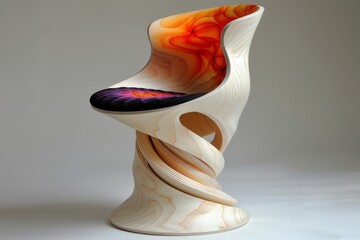 Artistic wooden chair with unique interlocking joints and vibrant cushions on a soft white backdrop