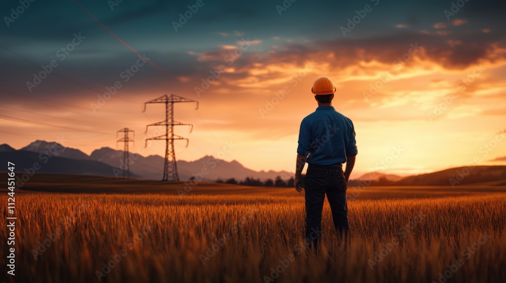 Poster electrician observing power lines at sunset in open field with mountains and dramatic skies in backg