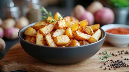 Crispy homemade French fries cooking in a modern kitchen with fresh ingredients on the counter