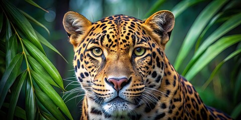 Obraz premium Close up drawing of a leopard's face in a jungle , leopard, face, wild, animal, feline, predator, nature, wildlife