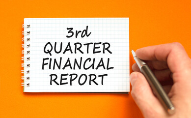 3rd quarter financial report symbol. Concept words 3rd quarter financial report on beautiful white note. Beautiful orange background. Business 3rd quarter financial report concept. Copy space.