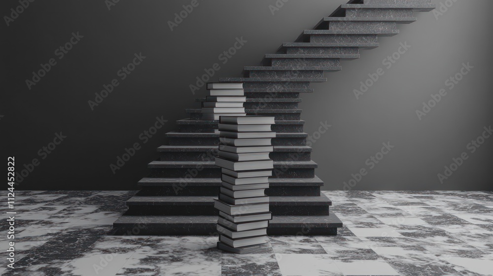 Poster staircase beside a stack of books in a minimalist setting
