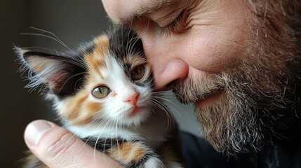 Closeup of a bearded man lovingly snuggling a calico kitten on a cozy afternoon indoors