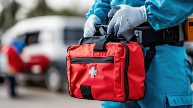 Emergency medical technician in protective gear holding a red first aid kit while standing outdoors in a medical emergency response setting