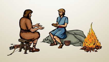 Vector drawing. Jacob gives soup to Esau