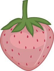 Pink strawberry illustration with green leaves.