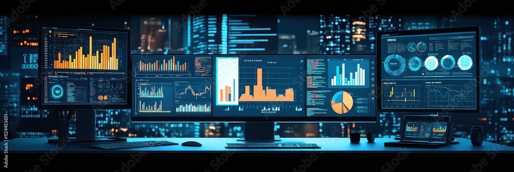 Aufkleber advanced analytics office setup with colorful data visualizations in minimalistic design