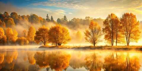 Serene autumn landscape with golden trees and soft sunlight filtering through the mist, autumn, landscape, serene, golden
