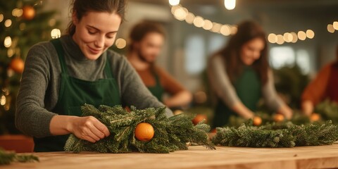 Fototapeta premium Women crafting natural Christmas wreaths at workshop